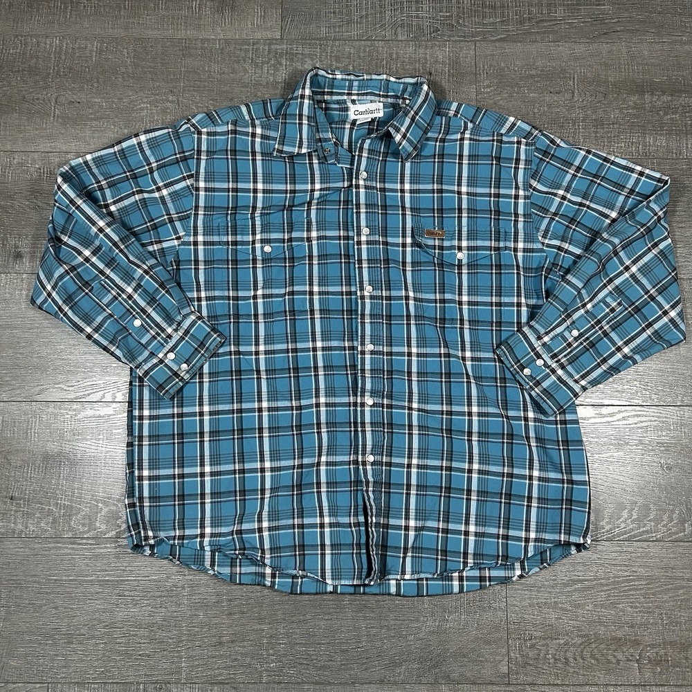 Carhartt Mens XL‎ Plaid Long Sleeve Button Front Work Shirt Blue Teal Cotton